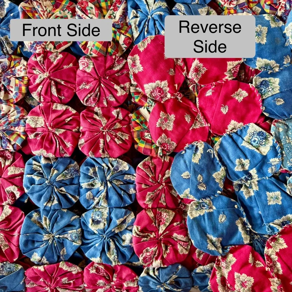 Antique Yo-yo Quilt, Suffolk Puff Coverlet Popcorn Quilt (appx 96”x90”)
